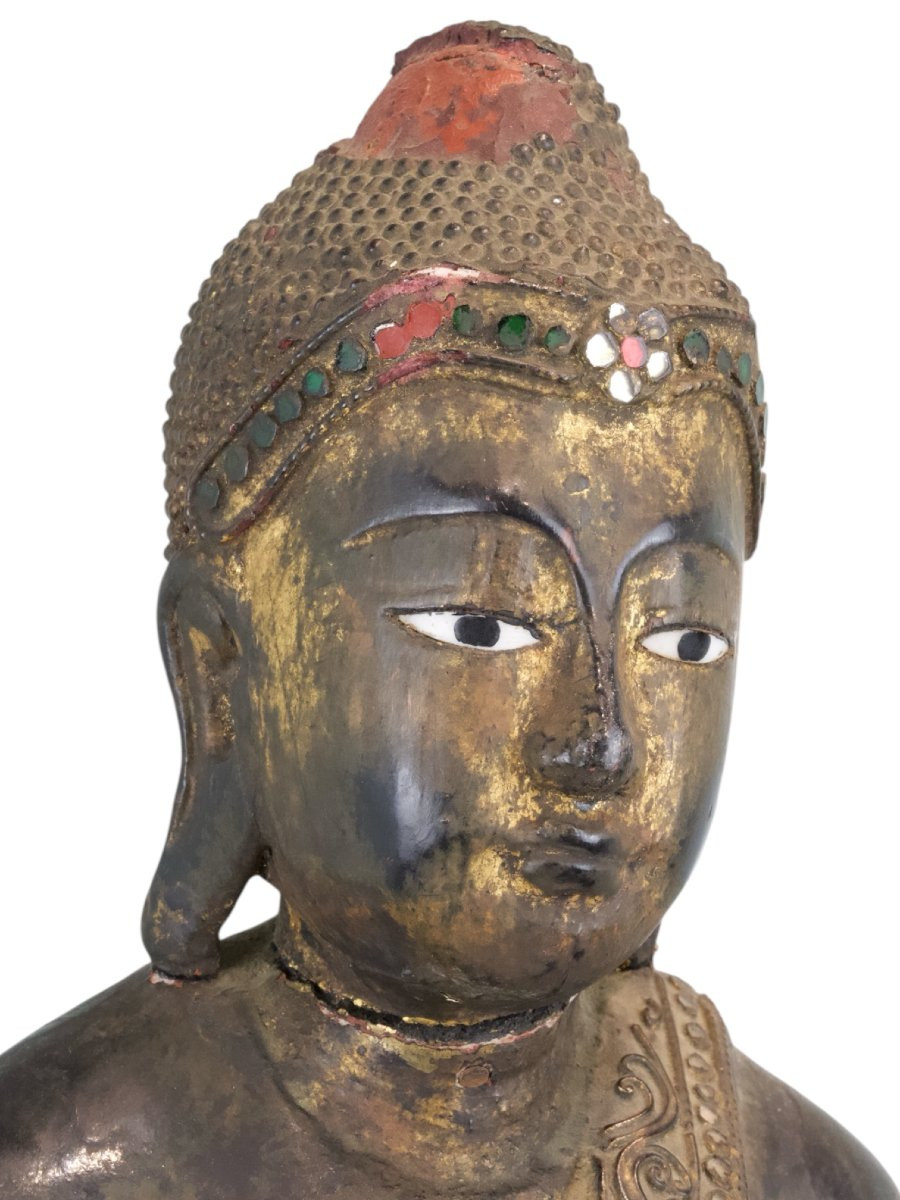 Figura di Buddha Stante su Fiore di Loto in Legno - Thailandia XIX Secolo-photo-4